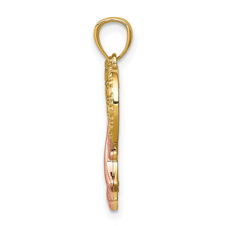 14k Yellow Gold With Pink Plating Ribbon With Heart Pendant