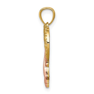 14k Yellow Gold With Pink Plating Ribbon With Heart Pendant