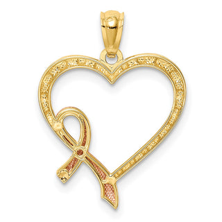 14k Yellow Gold With Pink Plating Ribbon With Heart Pendant