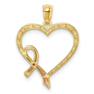 14k Yellow Gold With Pink Plating Ribbon With Heart Pendant