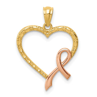 14k Yellow Gold With Pink Plating Ribbon With Heart Pendant