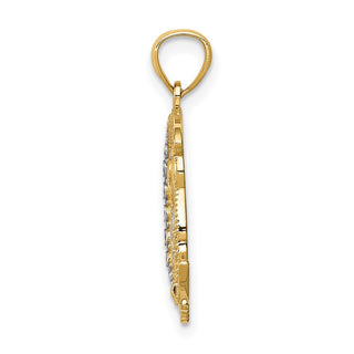 14k Yellow Gold w/White Rhodium Diamond-cut Owl on the Moon Pendant