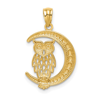 14k Yellow Gold w/White Rhodium Diamond-cut Owl on the Moon Pendant