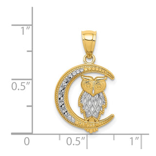 14k Yellow Gold w/White Rhodium Diamond-cut Owl on the Moon Pendant