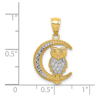 14k Yellow Gold w/White Rhodium Diamond-cut Owl on the Moon Pendant