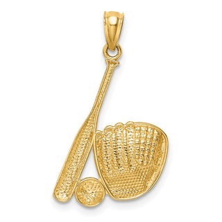 Mens 14k Yellow Gold and Rhodium Baseball Glove, Bat and Ball Pendant
