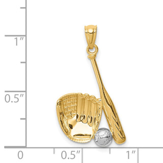 Mens 14k Yellow Gold and Rhodium Baseball Glove, Bat and Ball Pendant