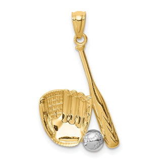 Mens 14k Yellow Gold and Rhodium Baseball Glove, Bat and Ball Pendant