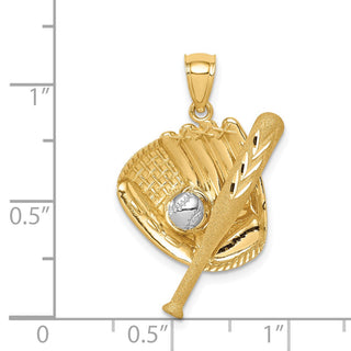 14k Yellow Gold and Rhodium Diamond-cut Baseball Bat, Glove and Ball Pendant