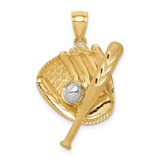 14k Yellow Gold and Rhodium Diamond-cut Baseball Bat, Glove and Ball Pendant