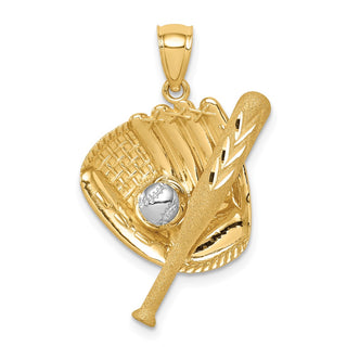 14k Yellow Gold and Rhodium Diamond-cut Baseball Bat, Glove and Ball Pendant