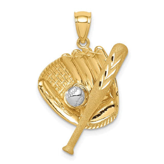 14k Yellow Gold and Rhodium Diamond-cut Baseball Bat, Glove and Ball Pendant