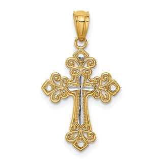 14k Yellow Gold and Rhodium Diamond-Cut Cross Pendant C4695
