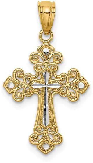 14k Yellow Gold and Rhodium Diamond-Cut Cross Pendant C4695