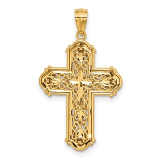 14k Yellow Gold and Rhodium Diamond-Cut Reversible Cross Pendant C4699