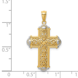 14k Yellow Gold and Rhodium Diamond-Cut Reversible Cross Pendant C4699