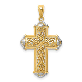 14k Yellow Gold and Rhodium Diamond-Cut Reversible Cross Pendant C4699