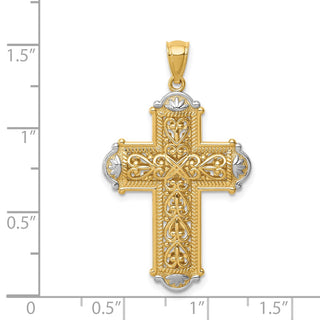 14k Yellow Gold and Rhodium Diamond-Cut Reversible Cross Pendant C4700