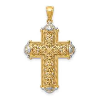 14k Yellow Gold and Rhodium Diamond-Cut Reversible Cross Pendant C4700
