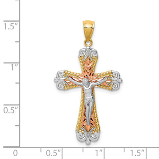 14K Multi-Tone Gold Diamond-cut w/White Rhodium Crucifix Pendant