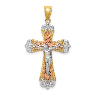 14K Multi-Tone Gold Diamond-cut w/White Rhodium Crucifix Pendant