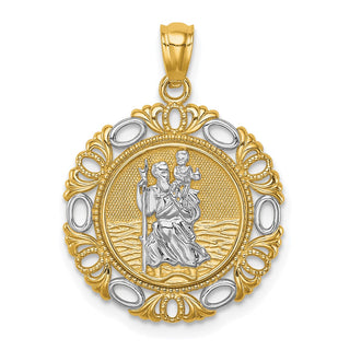 14k Yellow Gold with White Rhodium St. Christopher Medal Pendant C4714
