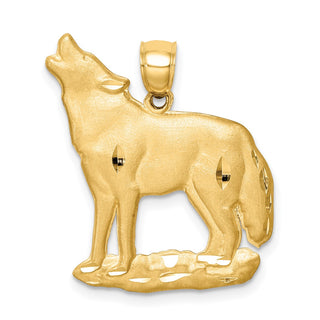 14k Yellow Gold Brushed Diamond-Cut Wolf Pendant
