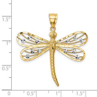 14k Yellow Gold Diamond-Cut White Rhodium Dragonfly Pendant