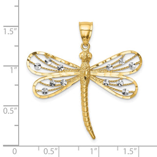 14k Yellow Gold Diamond-Cut White Rhodium Dragonfly Pendant