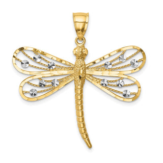 14k Yellow Gold Diamond-Cut White Rhodium Dragonfly Pendant