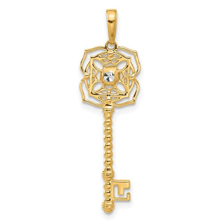14K Yellow Gold and White Rhodium-plating Diamond-cut Floral Key Pendant