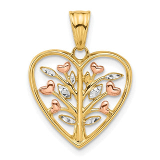14K Yellow Gold Pink-plated and White Rhodium-plating Diamond-cut Branches in Heart Pendant