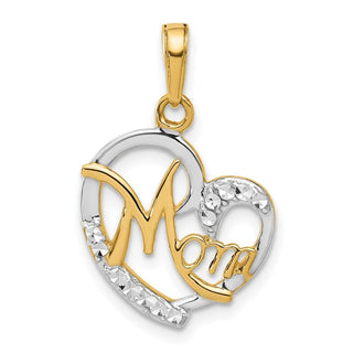 14K Yellow Gold and White Rhodium-plating Diamond-cut Heart Mom Pendant C4858