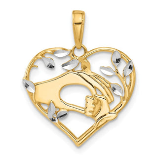 14K Yellow Gold and White Rhodium-plating Diamond-cut Mother and Child Hands in Heart Pendant