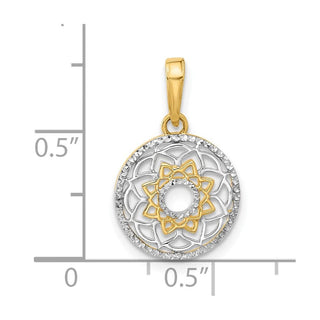 14K Yellow Gold and White Rhodium-plating Polished Floral Design Circle Pendant