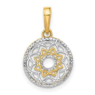 14K Yellow Gold and White Rhodium-plating Polished Floral Design Circle Pendant
