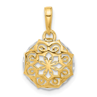 14K Yellow Gold and White Rhodium-plating Floral Design Circle Pendant