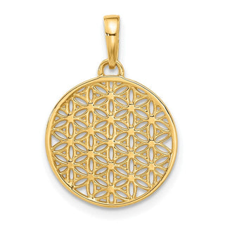 14K Yellow Gold and Rhodium-plating Polished and Diamond-cut Flower Circle Pendant