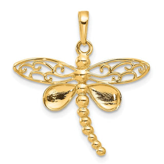 14K Yellow Gold and White Rhodium-plating Polished and Diamond-cut Dragonfly Pendant