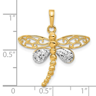 14K Yellow Gold and White Rhodium-plating Polished and Diamond-cut Dragonfly Pendant