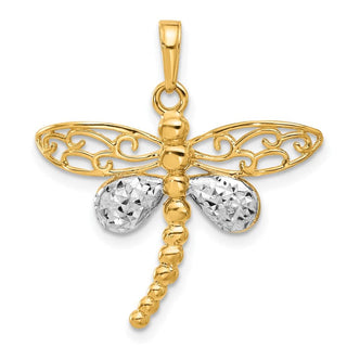 14K Yellow Gold and White Rhodium-plating Polished and Diamond-cut Dragonfly Pendant