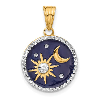 14K Yellow Gold and White Rhodium-plating Diamond-cut Enameled Sun and Moon Pendant