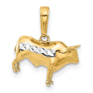 14K Yellow Gold and White Rhodium-plating Diamond-cut 3D Bull Pendant