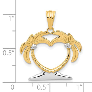 14K Yellow Gold with White Rhodium-plating Palm Tree Heart Pendant