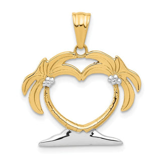 14K Yellow Gold with White Rhodium-plating Palm Tree Heart Pendant