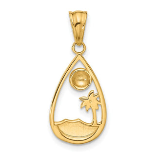 14K Yellow Gold with White Rhodium-plating Diamond-cut Ocean Scene Teardrop Pendant