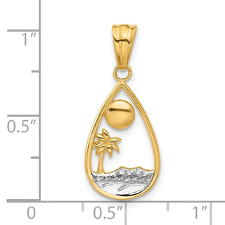 14K Yellow Gold with White Rhodium-plating Diamond-cut Ocean Scene Teardrop Pendant