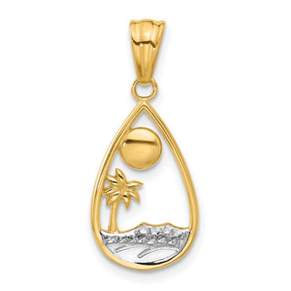 14K Yellow Gold with White Rhodium-plating Diamond-cut Ocean Scene Teardrop Pendant