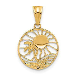 14K Yellow Gold with White Rhodium-plating Ocean and Palm Tree Round Pendant