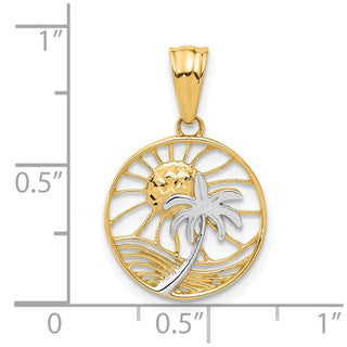14K Yellow Gold with White Rhodium-plating Ocean and Palm Tree Round Pendant
